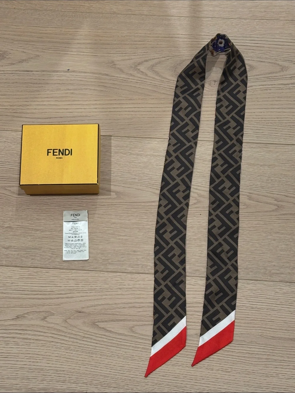 Fendi Brown FF Logo Silk Scarf with Floral & Red Accents